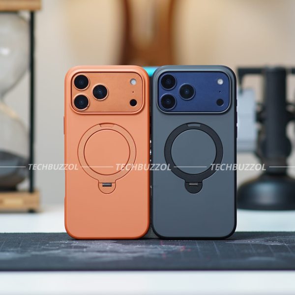 BEBY Magsafe Stand Leather Case for iPhone 17 Pro max - Black,Orange